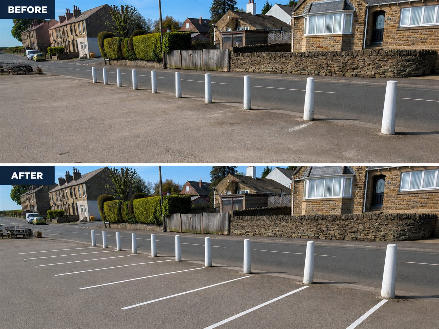 Before and after car park re-marking in West Yorkshire — faded bays restored with fresh white lining